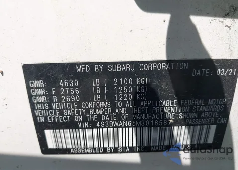 2021 Subaru Legacy Limited z USA, uszkodzony, nr VIN 4S3BWAN65M3018587